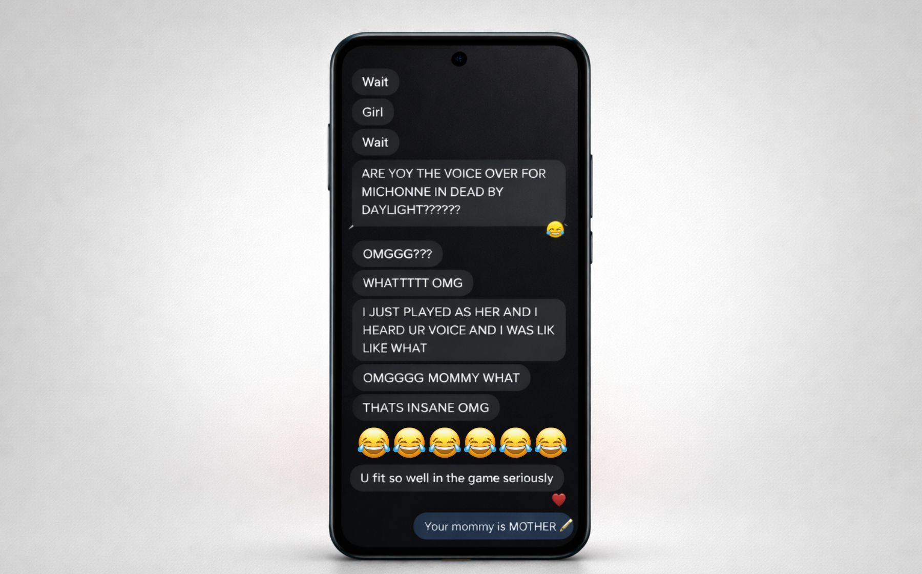 A smartphone displays a chat conversation with messages expressing excitement and surprise about a video game voice over, accompanied by laughing and heart emojis.