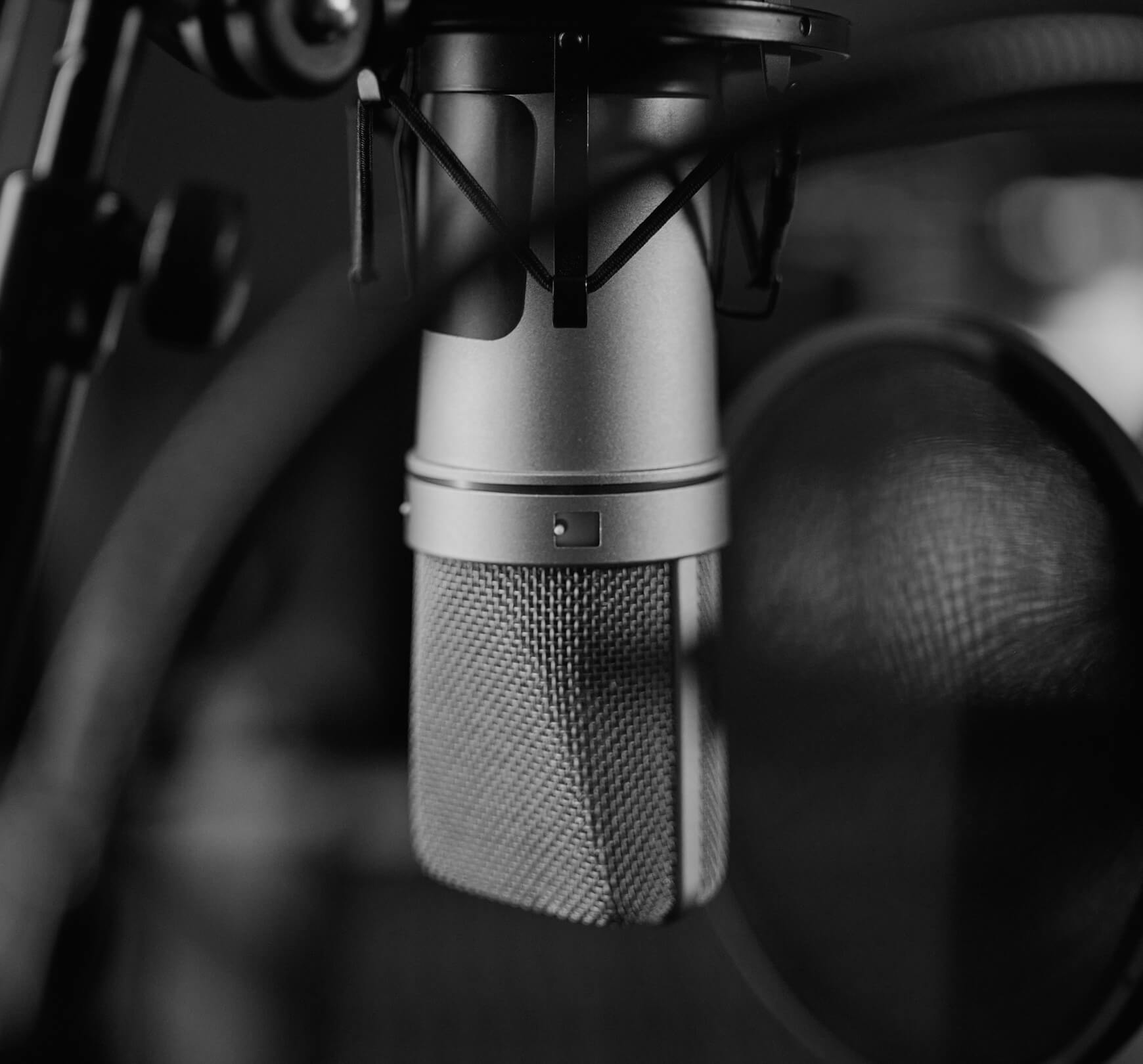 Close-up of a studio microphone and pop filter, with blurred background equipment—perfect for capturing the rich vocals of voice actor Erikka J.