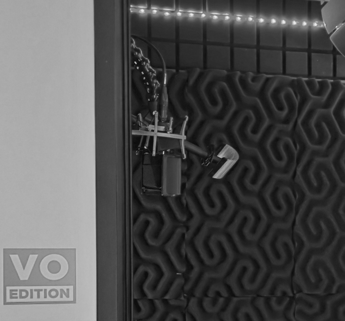 A soundproof recording booth with foam acoustic panels, a microphone on a stand, and a "VO EDITION" label on the wall—perfect for any voice actor looking to capture crisp, professional audio.