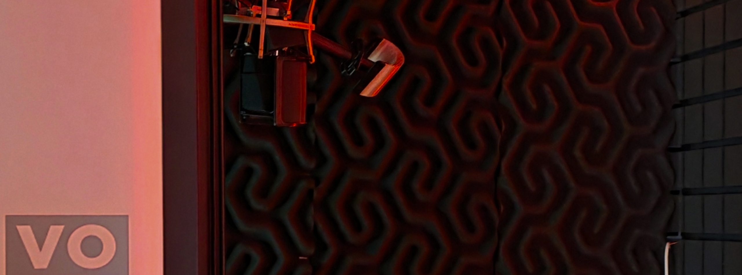 A professional microphone hangs in front of a soundproofed wall with dark foam panels, setting the stage for voice actor Erikka J. The lower left corner shows the letters "VO" in a light box.